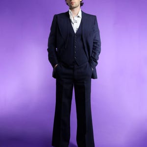 Vintage 1970s Navy Blue 3 Piece Pinstripe Suit by Dandy Kings Road