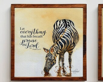 Wall Art Watercolor Print  Scripture Verse Print Zebra Painting Set Gift Set of Two Mom and Baby Zebra