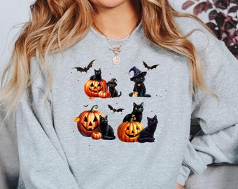Halloween Cat Sweatshirt, Pumpkin Sweatshirt, Black Cat Shirt, Happy Halloween, Retro Halloween, Spooky Season, Black Cat Sweatshirt