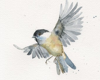 Wall Art Chickadee Watercolor Bird Print Bird Lover Art Gift Flying Bird Decor