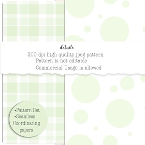 Peut inclure: Deux motifs de papier numérique, l'un avec un motif vichy vert et blanc et l'autre avec un fond blanc et des pois verts. Le texte "details" est en haut de l'image. Le texte "300 dpi high quality jpeg pattern" est sous le mot "details". Le texte "Pattern is not editable" est sous la première ligne de texte. Le texte "Commercial Usage is allowed" est sous la deuxième ligne de texte. Le texte "•Pattern Set" est dans un cercle sur le côté gauche de l'image. Le texte "• Seamless" est sous la première ligne de texte. Le texte "Coordinating papers" est sous la deuxième ligne de texte.