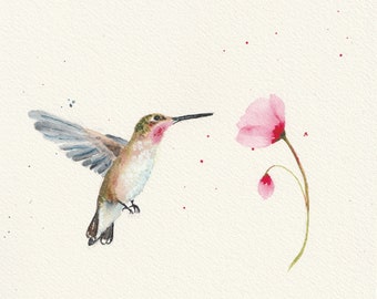 Wall Art Original Watercolor Painting Humming Bird Lover Art Nature, Gift