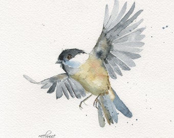 Wall Art Chickadee Original Watercolor Bird Lover Art Gift Flying Bird Decor