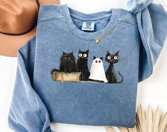 Comfort Colors かわいいゴースト黒猫ハロウィンスウェットシャツ、ゴースト猫ハロウィンシャツ、不気味な季節、猫好きへのギフト