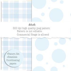 Könnte beinhalten: Zwei digitale Papiermuster, eines mit einem blau-weißen Karomuster und das andere mit weißem Hintergrund und hellblauen Kreisen. Der Text "details" befindet sich oben im Bild. Der Text "300 dpi high quality jpeg pattern" befindet sich unter dem Wort "details". Der Text "Pattern is not editable" befindet sich unter der ersten Textzeile. Der Text "Commercial Usage is allowed" befindet sich unter der zweiten Textzeile. Der Text "•Pattern Set" befindet sich auf der linken Seite des Bildes. Der Text "• Seamless" befindet sich unter der ersten Textzeile. Der Text "Coordinating papers" befindet sich unter der zweiten Textzeile.