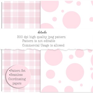 Peut inclure: Deux motifs de papier numérique sans couture en rose et blanc. Un motif présente un carreau vichy rose. L'autre motif présente des pois roses sur un fond blanc. Le texte "details" est écrit en noir en haut de l'image. Le texte "300 dpi high quality jpeg pattern" est écrit en noir sous le mot "details". Le texte "Pattern is not editable" est écrit en noir sous le texte précédent. Le texte "Commercial Usage is allowed" est écrit en noir sous le texte précédent. Le texte "•Pattern Set" est écrit en noir sur un cercle rose. Le texte "•Seamless" est écrit en noir sous le texte précédent. Le texte "Coordinating papers" est écrit en noir sous le texte précédent.