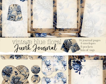 Junk Journal Kit, Vintage Printable Scrapbook Pages, Floral Digital Ephemera, Valentine Memoir, Writing, Journaling Paper, Blue Flower paper