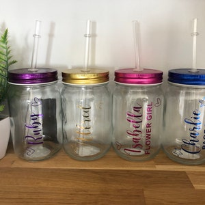 Personalised glass jar with straw, flower girl glass, glass with a straw, personalised glass, wedding thank you gifts, mason jar style glass