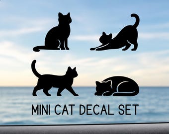 Mini Cat Car Window Decal Set, Tiny Cat Vinyl Stickers, Cute Cat Silhouette Decals, Small Kitty Window Accessories