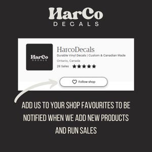 May include: Image of a shop profile with the text "Harco Decals" and a call to action to follow the shop. The text encourages users to add the shop to their favorites to be notified of new products and sales.