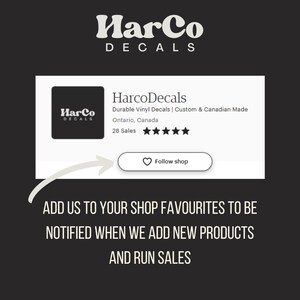 May include: Image of the Harco Decals Etsy shop profile. The shop logo is displayed, along with the shop name, product details, and a 'Follow shop' button. Text at the bottom encourages users to favorite the shop for updates on new products and sales.