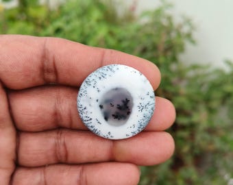 以下が含まれることがあります： ユニークな樹枝状模様の丸い白い宝石。中央には濃いグレーと黒のインクルージョンがあり、グレーと黒の繊細な木のような模様のリングで囲まれています。石は手で持たれています。