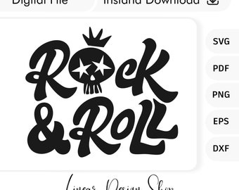 May include: Black and white graphic design with the text "Rock & Roll" in a stylized font. A skull with a crown and two stars is incorporated into the design.