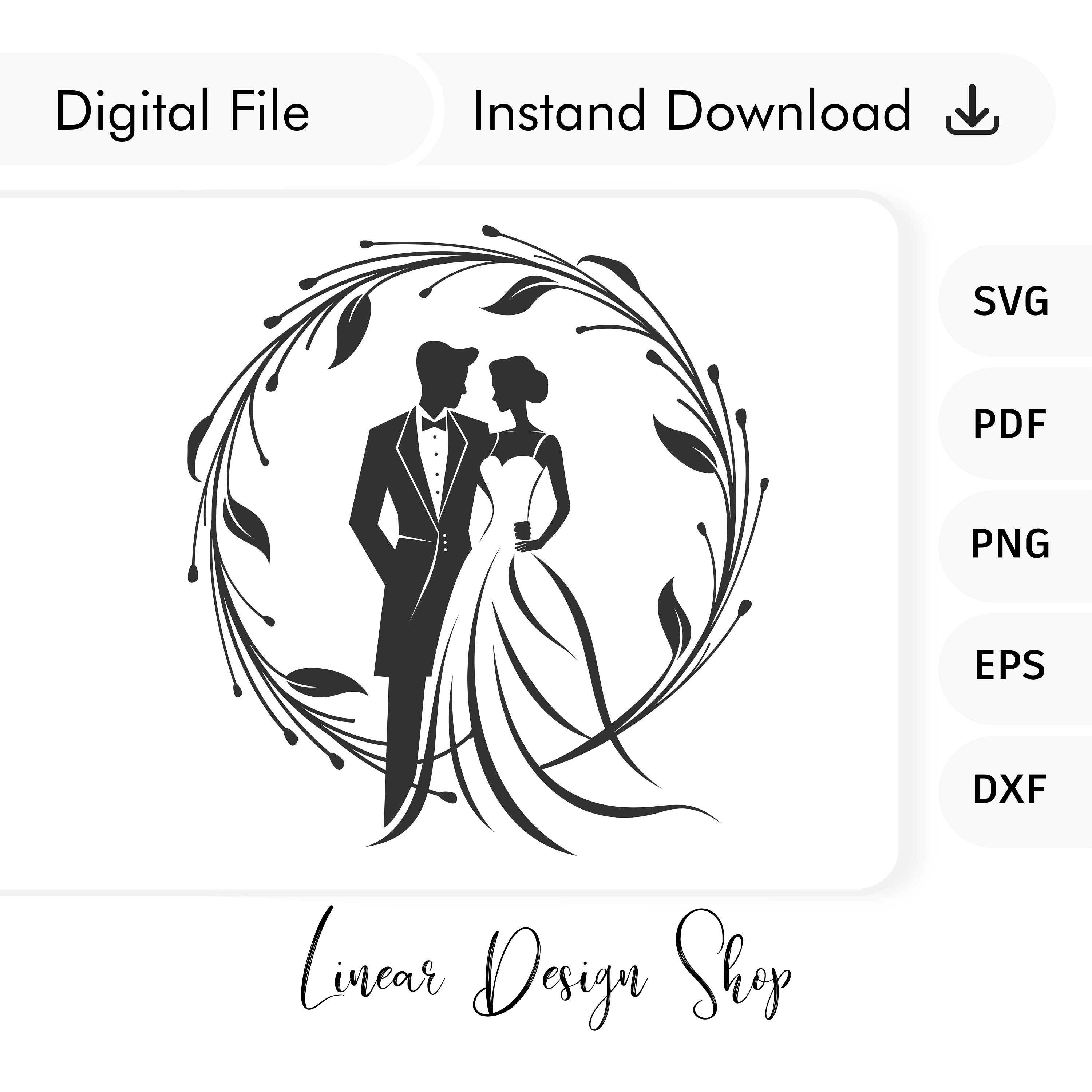 新郎新婦のクリップアートイラスト、新郎新婦のSVG、手描きの新郎新婦、結婚式の記念品、結婚式のロゴ、結婚式のカップルのSVG