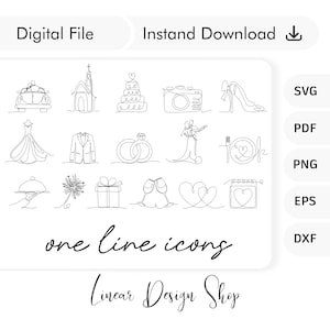 Puede incluir: Un conjunto de 16 iconos de boda de una sola línea en blanco y negro. Los iconos incluyen una iglesia, un pastel de bodas, una cámara, un zapato, un vestido de novia, un traje, anillos de boda, una novia y un novio, un plato con un corazón, una bandeja con un corazón, un ramo, una caja de regalo, copas de champán, dos corazones y un calendario con un corazón.
