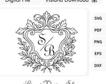 Elegancki monogram herbu ślubnego – kwiatowy herb z linią – (plik cyfrowy – natychmiastowe pobranie)