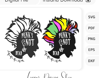 May include: Two black and white silhouette images of a punk with a mohawk hairstyle. The text "Punk's Not Dead" is written on the image. The mohawk is colored in one image.