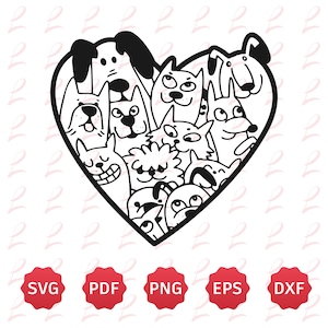 Hand Draw Doodle Pets For Cricut - Cute Cartoon Pets in the shape of a heart - Valentine's Day Svg -Animal Lover Svg - Dog Love Svg