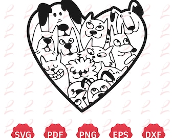 Hand Draw Doodle Pets For Cricut - Cute Cartoon Pets in the shape of a heart - Valentine's Day Svg -Animal Lover Svg - Dog Love Svg