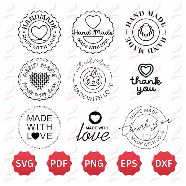 Hand Made Sticker SVG Bundle - Hand Made Rubber Stamp Stamps Design - Made With Love Svg - Thank You Png - Crafter Sticker Svg