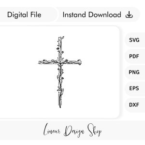 May include: A black and white line drawing of a cross with vines and flowers growing up the center of the cross.