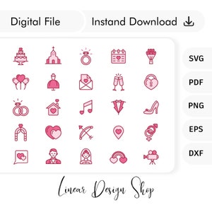 Color line icons set, Wedding icon bundle, Pink Wedding icon, Wedding Pictogram, line web icon, Marriage icons