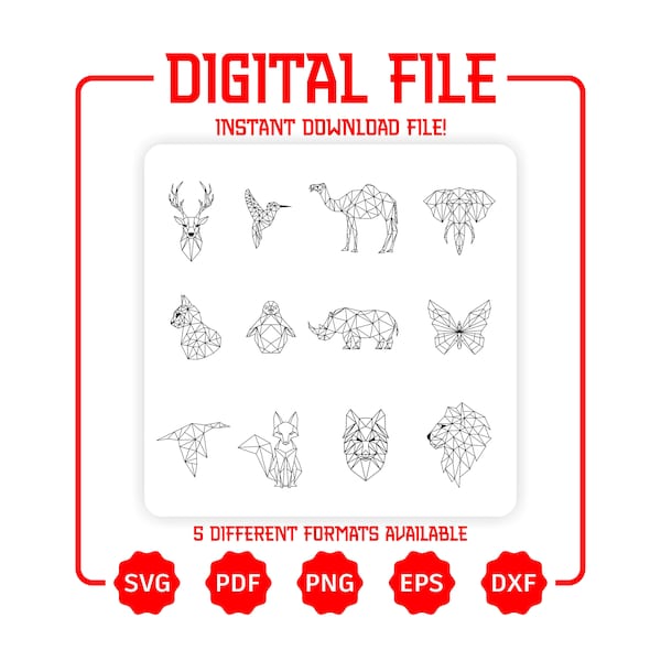 Bundle géométrique animaux découpés au laser Cricut - Svg de décoration murale animaux polygonaux - animaux sauvages polygone Png - décoration murale minimaliste