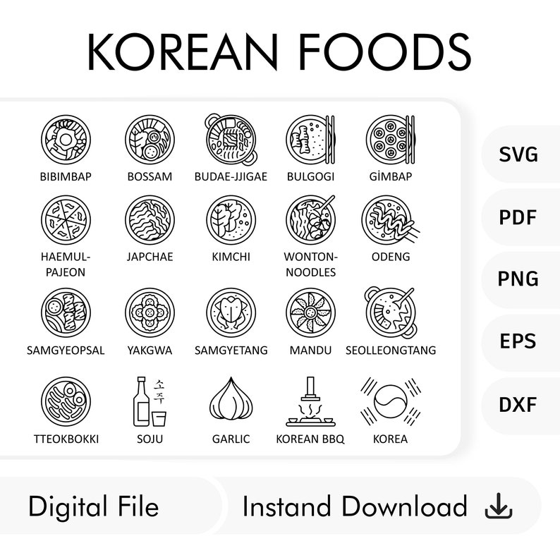 Korean Food Line Icons, Cuisine Restaurant Planner (svg, Pdf, Png, Eps ...