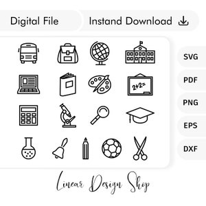 Op de afbeelding: Een set van 16 zwart-witte lijnkunst-iconen gerelateerd aan school en onderwijs. De iconen omvatten een bus, rugzak, globe, schoolgebouw, laptop, boek, palet, schoolbord, rekenmachine, microscoop, vergrootglas, afstudeerhoed, kolf, bel, potlood, voetbal en schaar.