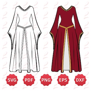 Vestido largo vintage SVG, vestido del siglo XVIII, Cricut, silueta (archivos digitales)