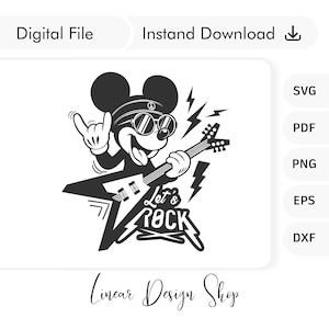 Puede incluir: Ilustración en blanco y negro de un ratón de dibujos animados con gafas de sol y una diadema con un signo de paz tocando una guitarra eléctrica. La guitarra tiene las palabras "Let's Rock" escritas en ella.