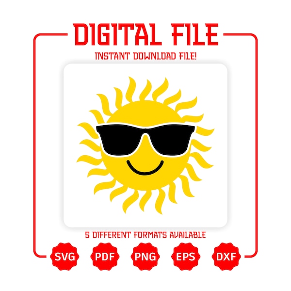 Sun With Sunglasses Svg Cricut, Silhouette Cut File - Smiling Sun Png - Summer Shirt Cricut