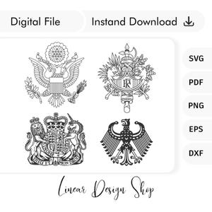 Puede incluir: Archivo digital en blanco y negro con cuatro diseños de escudos heráldicos. Incluye el sello de EE. UU., un escudo francés, el escudo de armas real británico y un águila alemana. El texto "Digital File" y "Instant Download" están en la parte superior.