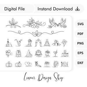 May include: A set of 25 wedding-themed line art illustrations, including a church, a saxophone, a bride and groom, an archway, a wedding cake, champagne flutes, balloons, a video camera, a tuxedo, a wedding dress, a carriage, a bouquet of flowers, a martini glass, a camera, wedding rings, a heart, a high heel, a gift box, a bouquet of flowers, and a plate with a fork and knife. The illustrations are in black and white and are perfect for use in wedding invitations, save-the-dates, and other wedding stationery.
