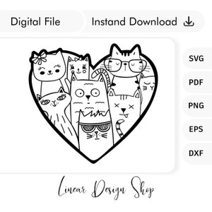 Dessiner des chats à la main, des chats pour Cricut - chats mignons de bande dessinée, forme de coeur - Svg de Saint-Valentin - Svg d'amoureux des animaux - Svg d'amour de chat