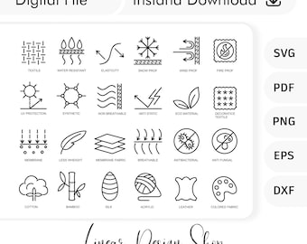 Puede incluir: Archivo digital con una colección de iconos en blanco y negro que representan propiedades y materiales textiles. Incluye iconos de resistencia al agua, elasticidad y varios tipos de tejidos. El texto "Linear Design Shop" está en la parte inferior.