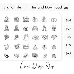 Hand getrokken bruiloft iconen SVG bundel, Wedding Planner iconen SVG, bruiloft doodle bundel, bruiloft Elelements, bruiloft symbolen