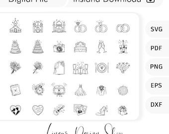 Hand drawn Wedding icons svg bundle, Wedding Planner icons svg, Wedding doodle bundle, Wedding Elelements, Wedding Symbols