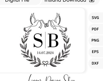 Logo ślubne, ptaki z obrączkami, ramka kwiatowa SVG, monogram (pobranie cyfrowe)