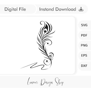 May include: Black and white line art illustration of a peacock feather with a decorative swirl at the bottom. The image is on a white background.
