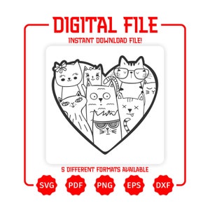 Hand Draw Cats, Cats For Cricut - Cute Cartoon Cats, shape of a heart - Valentine's Day Svg -Animal Lover Svg - Cat Love Svg