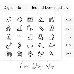 Paquete de iconos de línea de camping - Paquete SVG de camping - Iconos web de camping Svg - Iconos de vida de campamento Png - Iconos de camping para cricut, corte láser