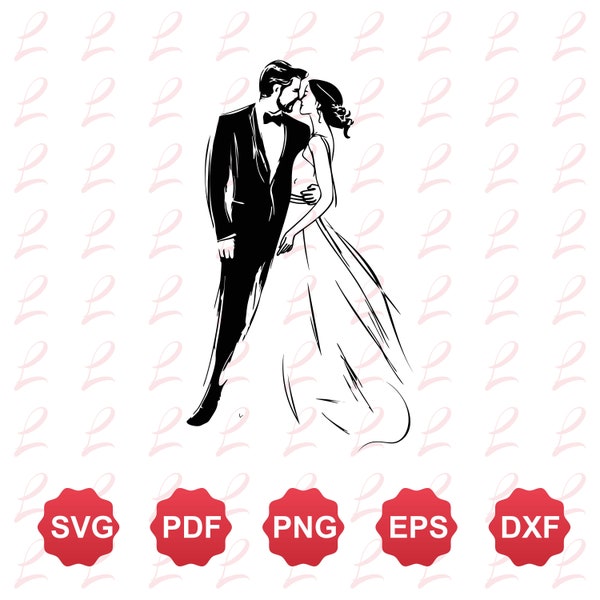 Bride and Groom Svg, Hand Drawn Bride and Groom, Wedding Svg, Wedding Logo, Kissing Couple Svg, Bride and Groom Clipart illustration