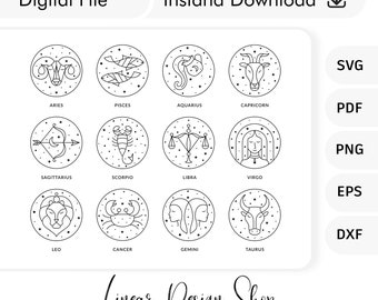 Zodiac Signs SVG Bundle – Astrology Clipart, Horoscope Icons (Digital Download)
