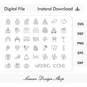 Wedding Timeline Icons SVG Bundle - Thin Line Wedding Planner Icons - Minimal Doodle Symbols for Weddings