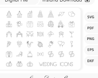 Wedding Timeline Icons SVG Bundle - Thin Line Wedding Planner Icons - Minimal Doodle Symbols for Weddings