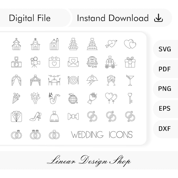 Hochzeits-Timeline-Symbole SVG-Bundle, Thin Line Hochzeits-Symbole, Planer-Symbole SVG, Hochzeits-Doodle-Bundle, Minimale Hochzeitssymbole