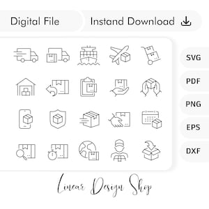 Puede incluir: Un conjunto de 20 iconos lineales en blanco y negro que representan varios métodos de envío y entrega. Los iconos incluyen un camión, un barco, un avión, un almacén, un paquete, una mano sosteniendo un paquete, un calendario, una lupa, un reloj, un globo terráqueo, un repartidor y una caja con una flecha apuntando hacia abajo. El texto "Archivo digital" y "Descarga instantánea" está en la parte superior de la imagen. El texto "Linear Design Shop" está en la parte inferior de la imagen. Los formatos de archivo SVG, PDF, PNG, EPS y DXF están listados en el lado derecho de la imagen.
