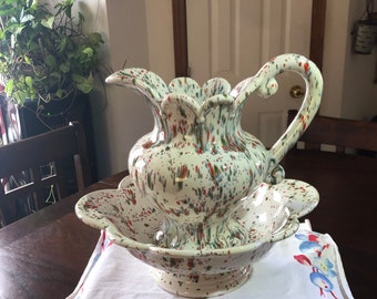 Victorian Trading Co French Flower Basket Pitcher & Bowl Basin Bath Victorian Trading Co French Flower Basket Pitcher & Bowl Basin Bath