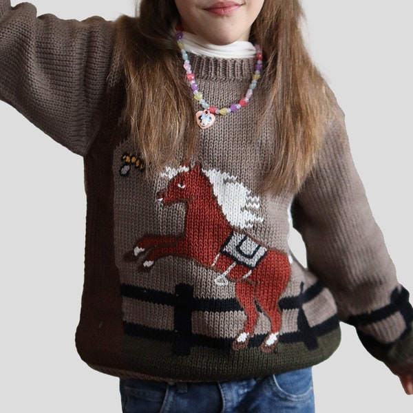 Handgearbeiteter Kinderpullover aus reiner Baumwolle mit Pferde-Motiv in Intarsien Technik